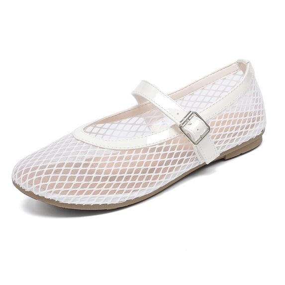 Lezzglt Women's Mesh Ballet Flats, Fishnet Ballerina Flats, Round-Toe Buckle Strap Mary Jane Causal Daily Dress Shoes
