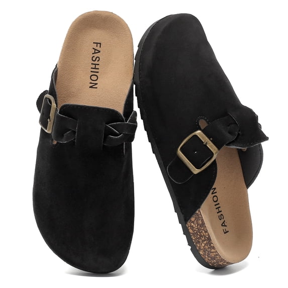 Lezzglt Suede Clogs for Women Men, Leather Mules with Arch Support, Cork Footbed Sandals Slip-on Potato Shoes with Adjustable Buckle