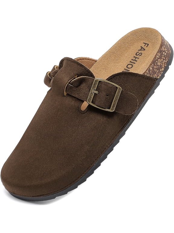 Suede Clogs for Women Men Cork Footbed Mules with Arch Support,Adjustable Buckle Closed Toe Slip-On Slippers, Comfortable Non-slip Rubber Sole House Sandals for Casual Indoor Outdoor Wear
