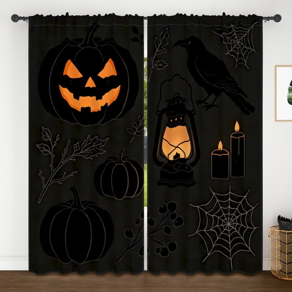 Lfeey 2 Panels Halloween Black Lantern Pumpkin Curtains 52x63 Inch, Crow Raven Spider Web Window Drapes for Kids Room, Rod Pocket
