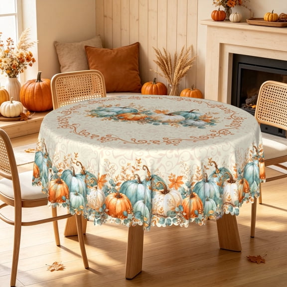 Lfeey 60" Round Fall Tablecloth Teal Orange Pumpkins Waterproof Thanksgiving Table Cover for Dining Holiday Party