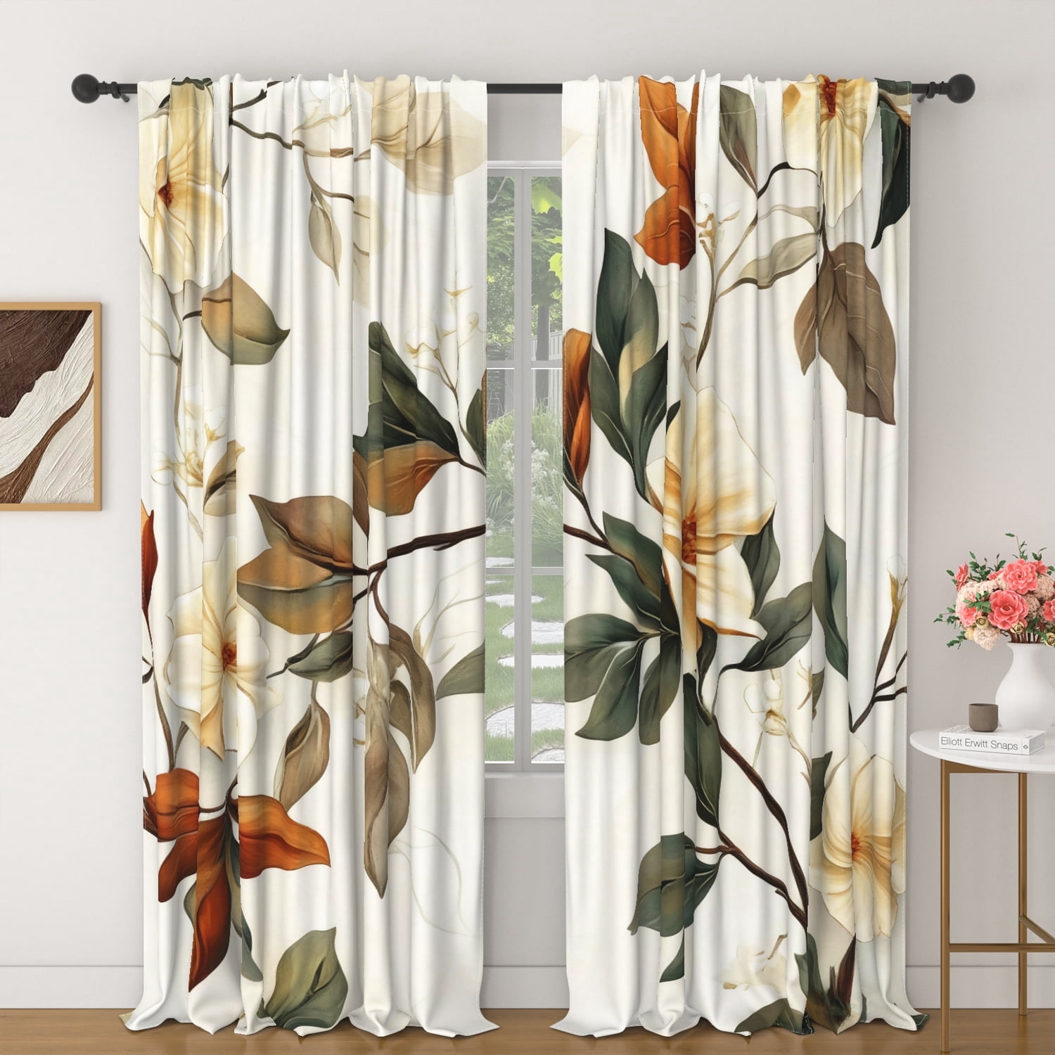 Lfeey Bedroom Blackout Curtains 63 Inches Long, Botanical Leaves Vintage Rod Pocket Window Drapes, Room Darkening, 2 Panels