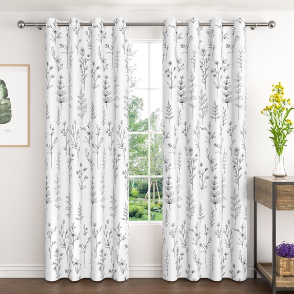 Lfeey Black Art Leaf Blackout Curtains for Living Room, Grommet Top Thermal Insulated Bedroom Curtains, White, 2 Panels 52 x 96 Inch
