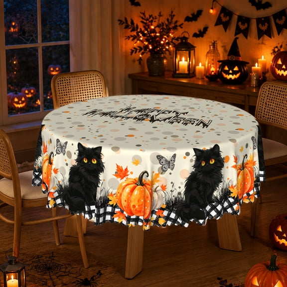 Lfeey Black Cat Pumpkin Round Tablecloth For Halloween Decoration, Polyester, Waterproof And Oil-Resistant, 60 Inches