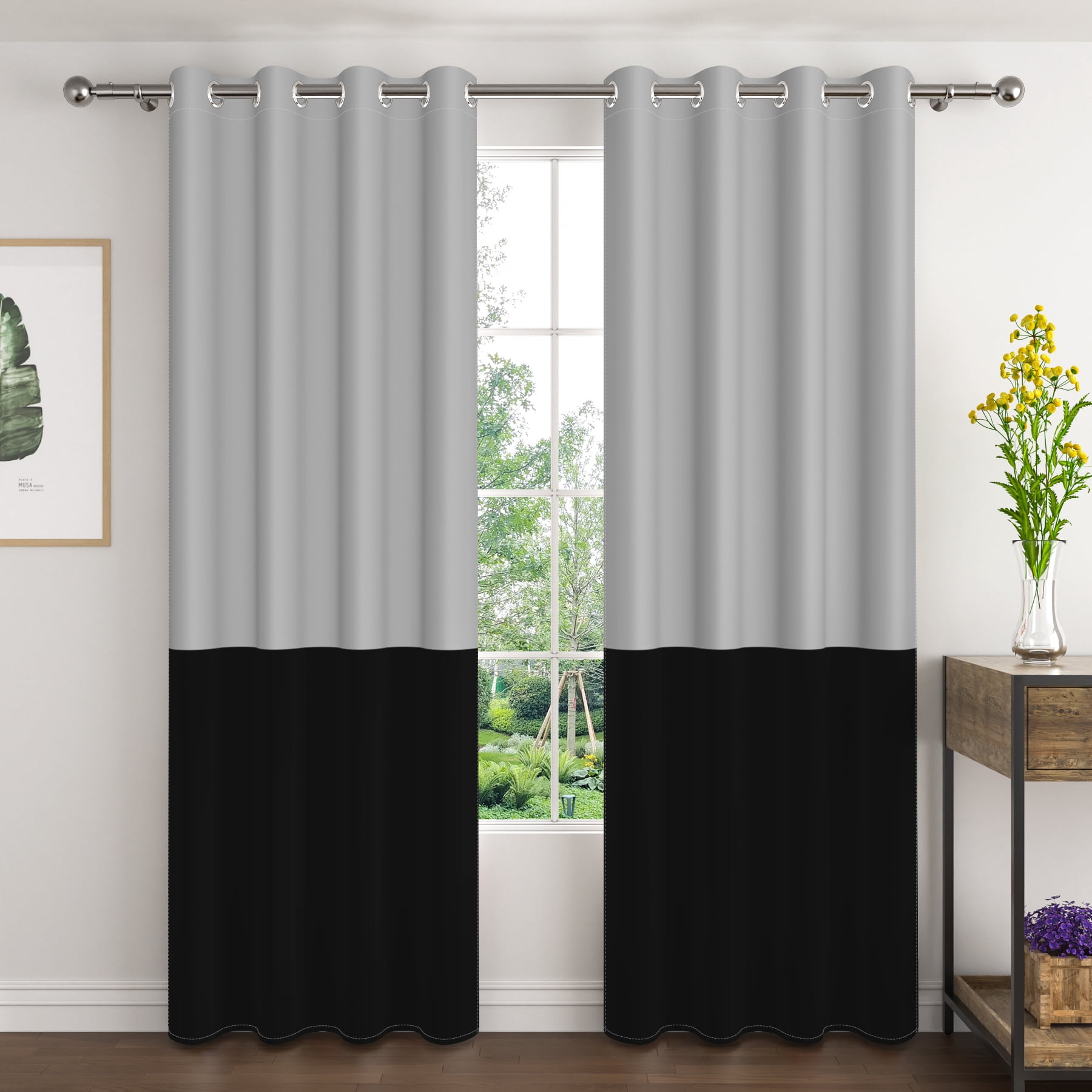 Lfeey Black and Gray Blackout Curtains, Room Darkening Curtains for Living Rooms/Bedrooms, 63 inch long, 2 Panels