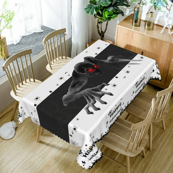 Lfeey Black and White Halloween Tablecloth, Skeleton Zombie Horror Theme Halloween Home Decor Tablecloth, 33x56 inches