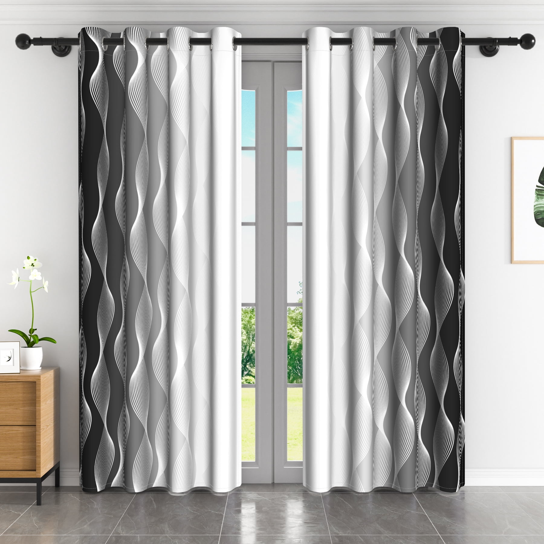 Lfeey Black and White Textured Blackout Curtains for Bedroom 84 inch Long, Insulated Grommet Curtains, 2 Panel