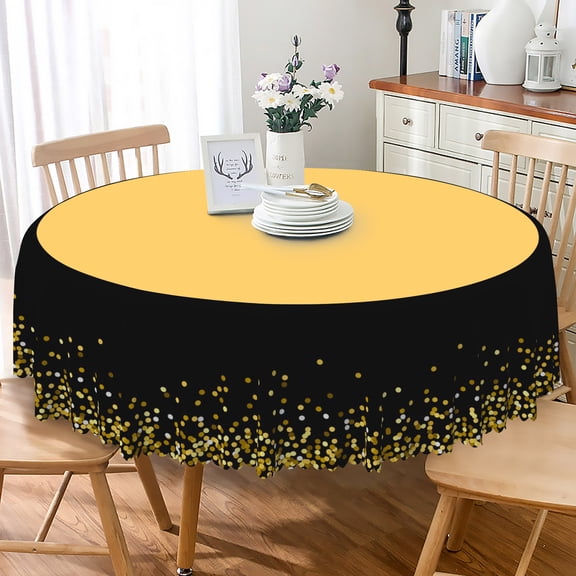 Lfeey Black and Yellow Glitter Round Tablecloth 60", Party Picnic Wedding Table Decorations Fabrics Wipeable Grease Resistant