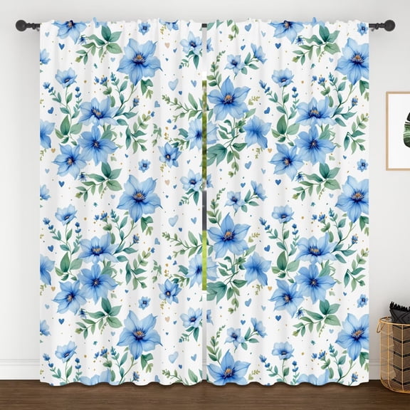 Lfeey Blackout Blue Floral Curtains for Bedroom, Thermal Insulated Privacy Window Drapes, Rod Pocket 2 Panels, 42x63 inch