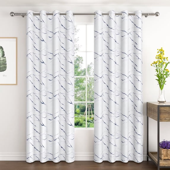 Lfeey Blackout Curtain, Room Darkening Grommet Drapes for Bedroom, Navy Blue and White Marble, 42x84 inch, 2 Panels