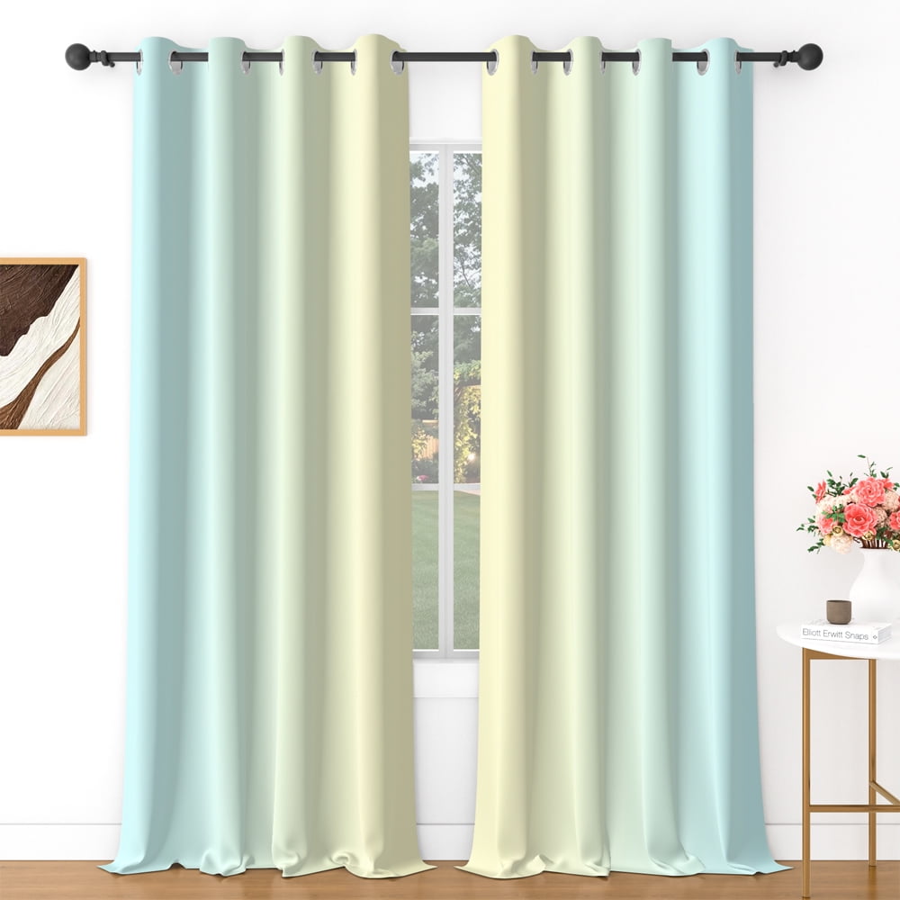 Lfeey Blackout Curtain for Living Room 63 inch Length, Light Blue Yellow Gradient Curtain, 2 Panels