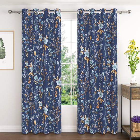 Lfeey Blackout Curtains 63 Inch Length, Navy Blue Botanical, Thermal Insulated Privacy Drapes for Bedroom, 2 Panels
