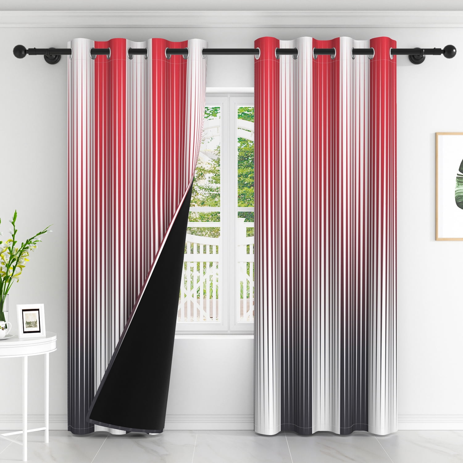 Lfeey Blackout Curtains 63 inches long, Striped Printed Curtains for Bedroom, Insulated Lined, 52x63 inches, Red and Black, 2 Panels