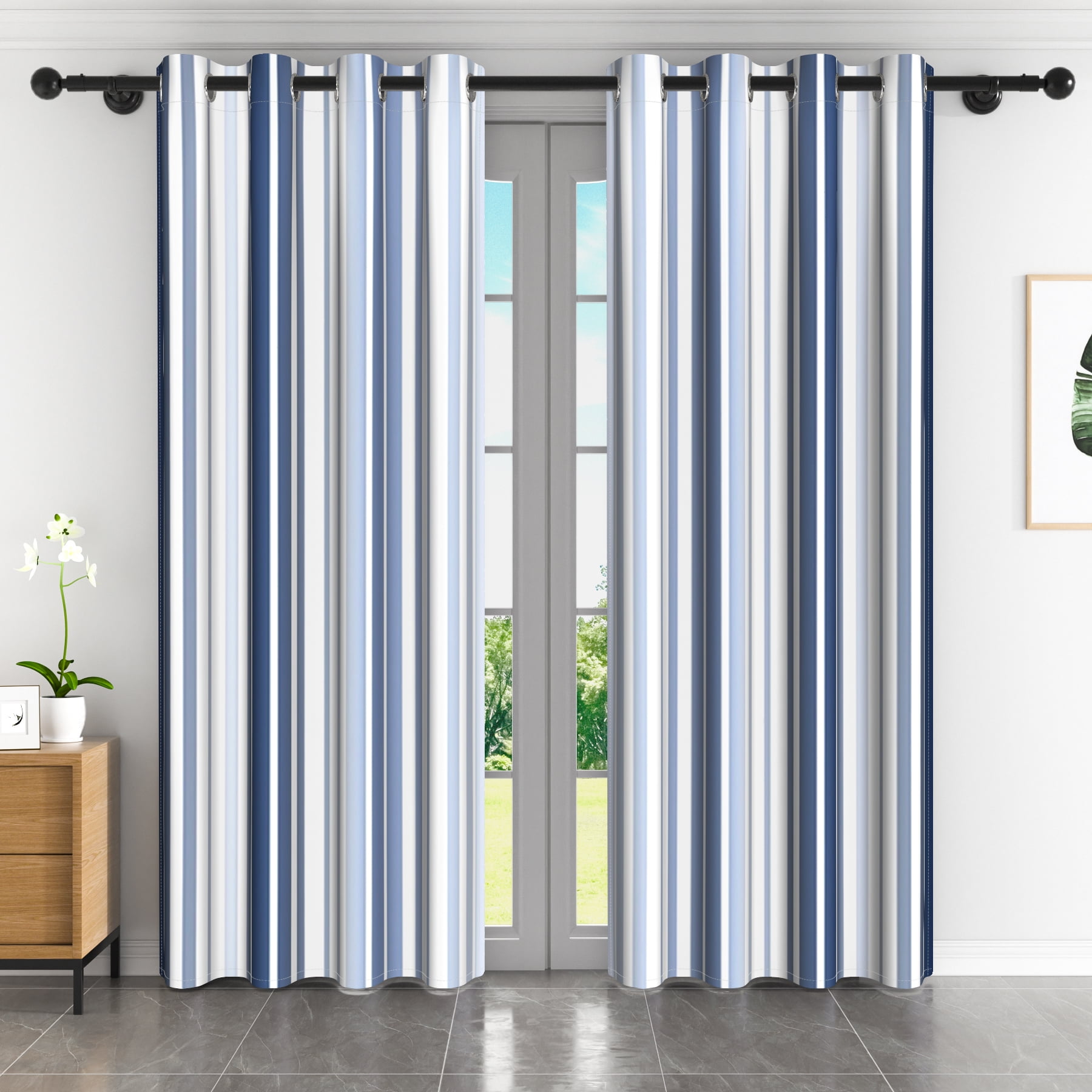 Lfeey Blackout Curtains 72 inches Long, Striped Printed Curtains for Bedroom, Insulated Lined, 42x72 inches, Navy and White, 2 Panels