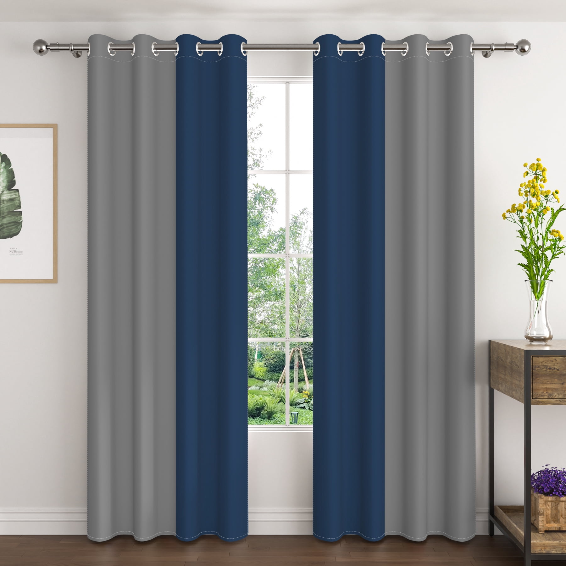 Lfeey Blackout Curtains 96 inches long, Navy Blue Gray Grommet Curtains, 2 Panels