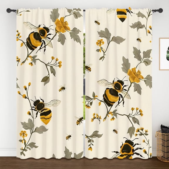 Lfeey Blackout Curtains For Bedroom, Yellow Flower Bumblebee Bee Print, Privacy Protection Rod Pocket Window Drape, 63 Inches Long, 2 Pcs