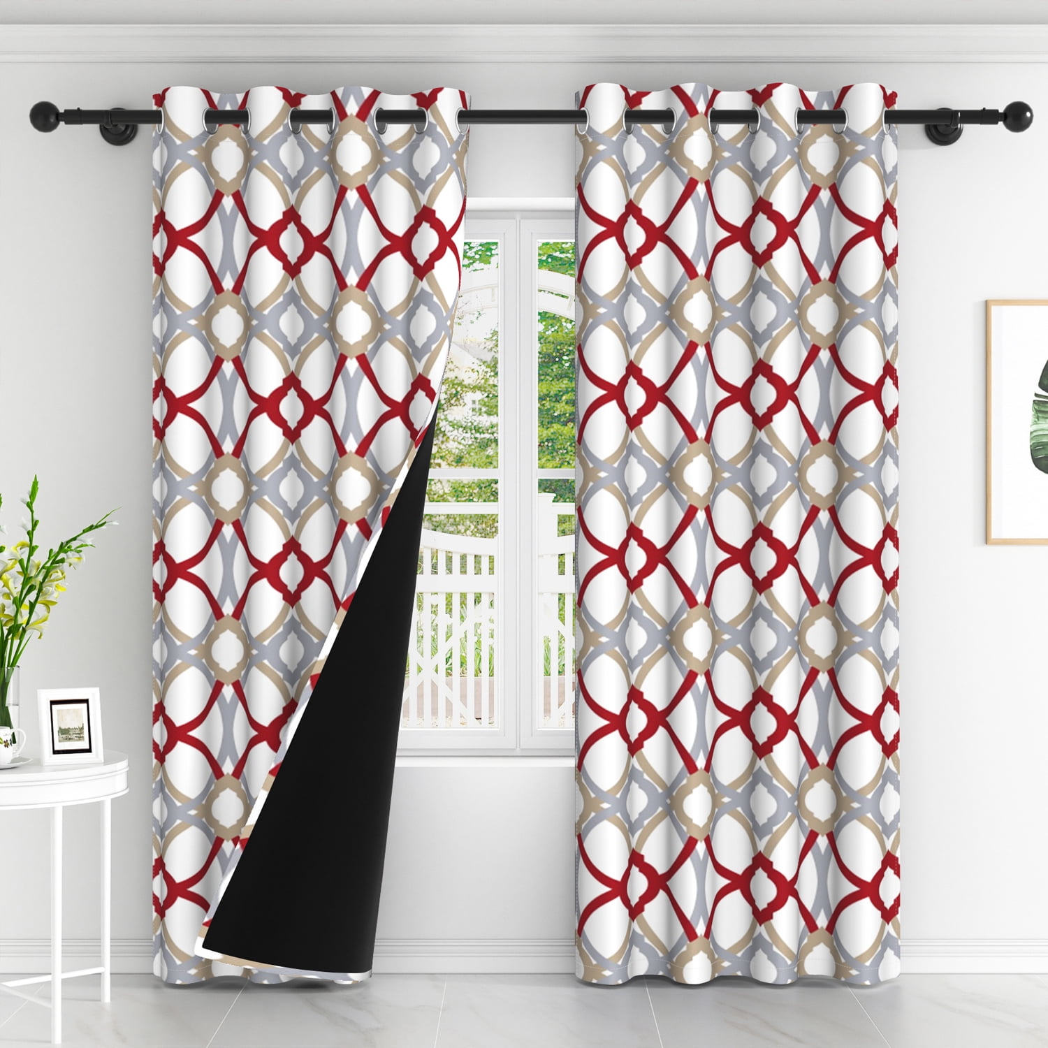 Lfeey Blackout Curtains Geometric Modern Grommet Curtains, Room Darkening Privacy Drapes, Red and Gray, 52x63 Inches, 2 Panels