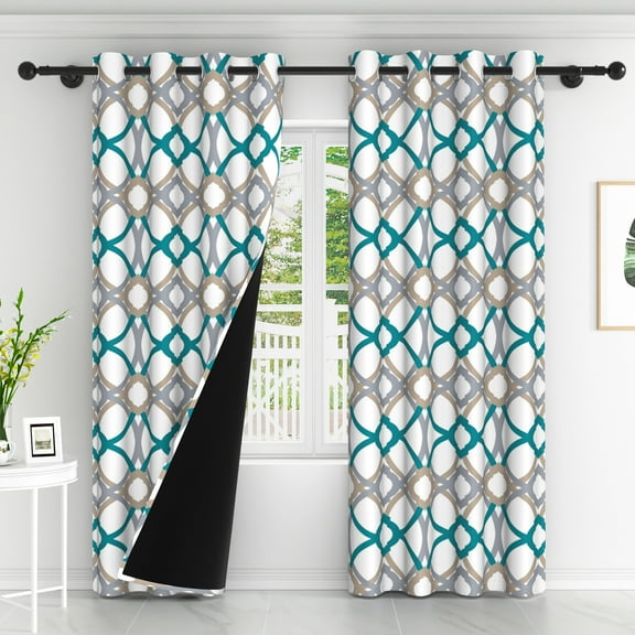 Lfeey Blackout Curtains Geometric Modern Grommet Curtains, Room Darkening Privacy Drapes, Teal and Gray, 52x63 Inches, 2 Panels
