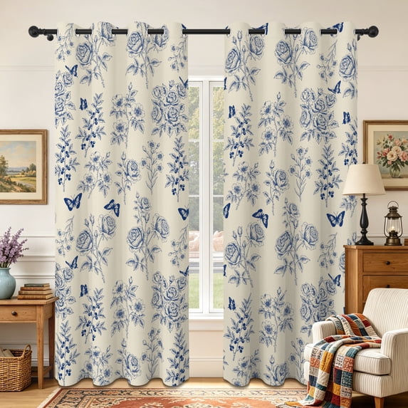 Lfeey Blackout Curtains Grommet Room Darkening Window Drapes for Bedroom, Blue Floral Butterfly Pattern, 52"x84", 2 Panels