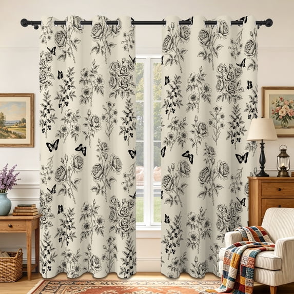 Lfeey Blackout Curtains Grommet Window Drapes for Bedroom 63 Inches Long, Room Darkening, Black Floral Butterfly Pattern, 2 Panels