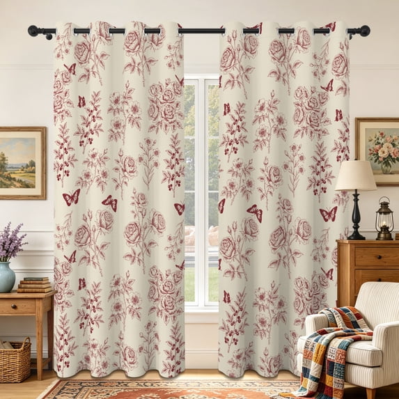 Lfeey Blackout Curtains Grommet Window Drapes for Bedroom 72 Inches Long, Room Darkening, Wine Red Floral Butterfly Pattern, 2 Panels