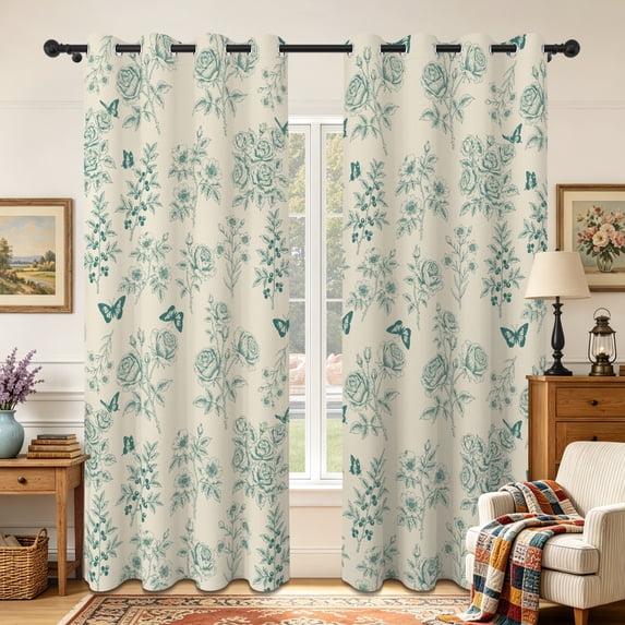 Lfeey Blackout Curtains Grommet Window Drapes for Bedroom, Room Darkening, Green Floral Butterfly Pattern, 42"x96", 2 Panels
