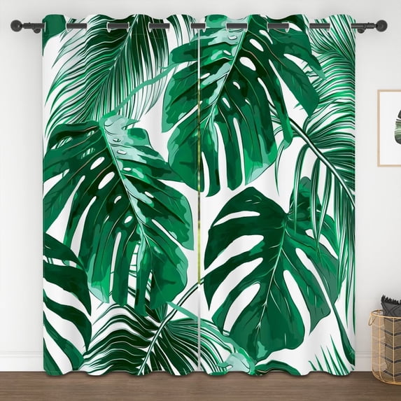 Lfeey Blackout Curtains, Tropical Leaf Print Grommet Curtains, Light Blocking for Room, Green, 63 Inch Long, 2 Panels