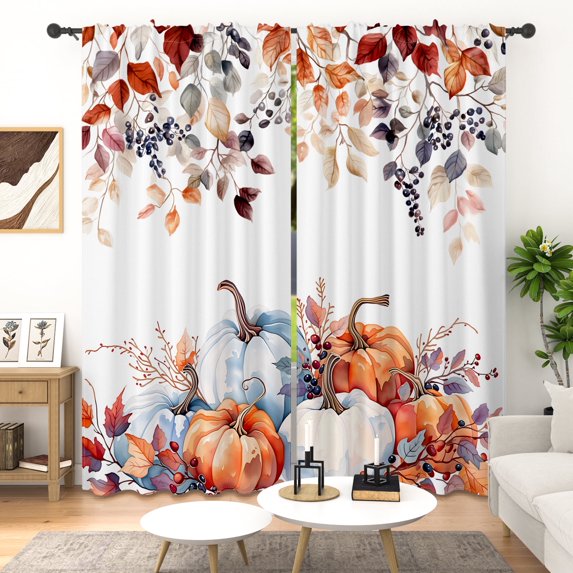 Lfeey Blackout Curtains Watercolor Pumpkin Print, Thanksgiving Rustic Thermal Insulated Drapes for Farmhouse Bedroom, 42x63 inch, 2 Panels