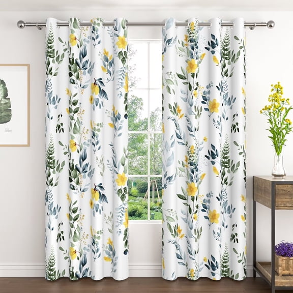 Lfeey Blackout Curtains With Yellow Floral Pattern for Bedroom, Grommet Top Privacy Window Treatment, 84 Inches Long, Set of 2