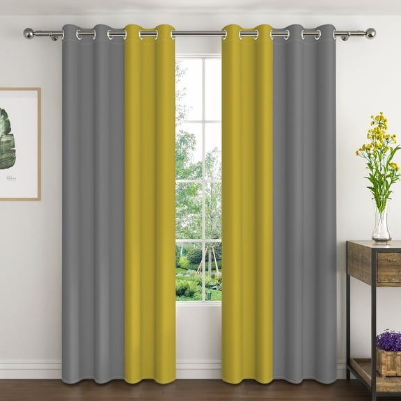 Lfeey Blackout Curtains for Bedroom, Insulated Light Blocking Grommet Curtains, Yellow Gray, 42x63 inch, 2 Pcs