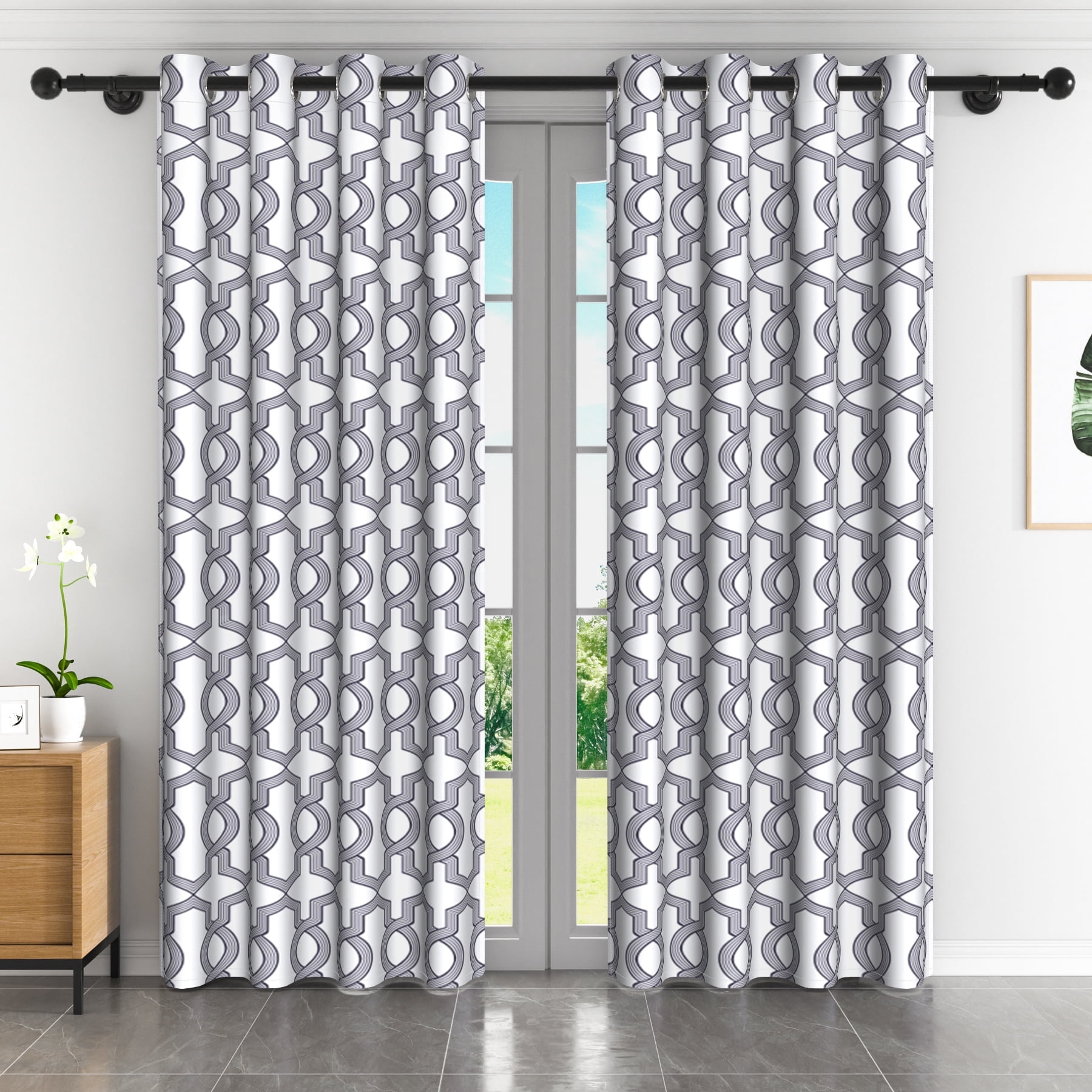 Lfeey Blackout Curtains for Bedroom, Plaid Black Geometric Pattern Curtains with Top Grommets, 42"x63", 2 Panels