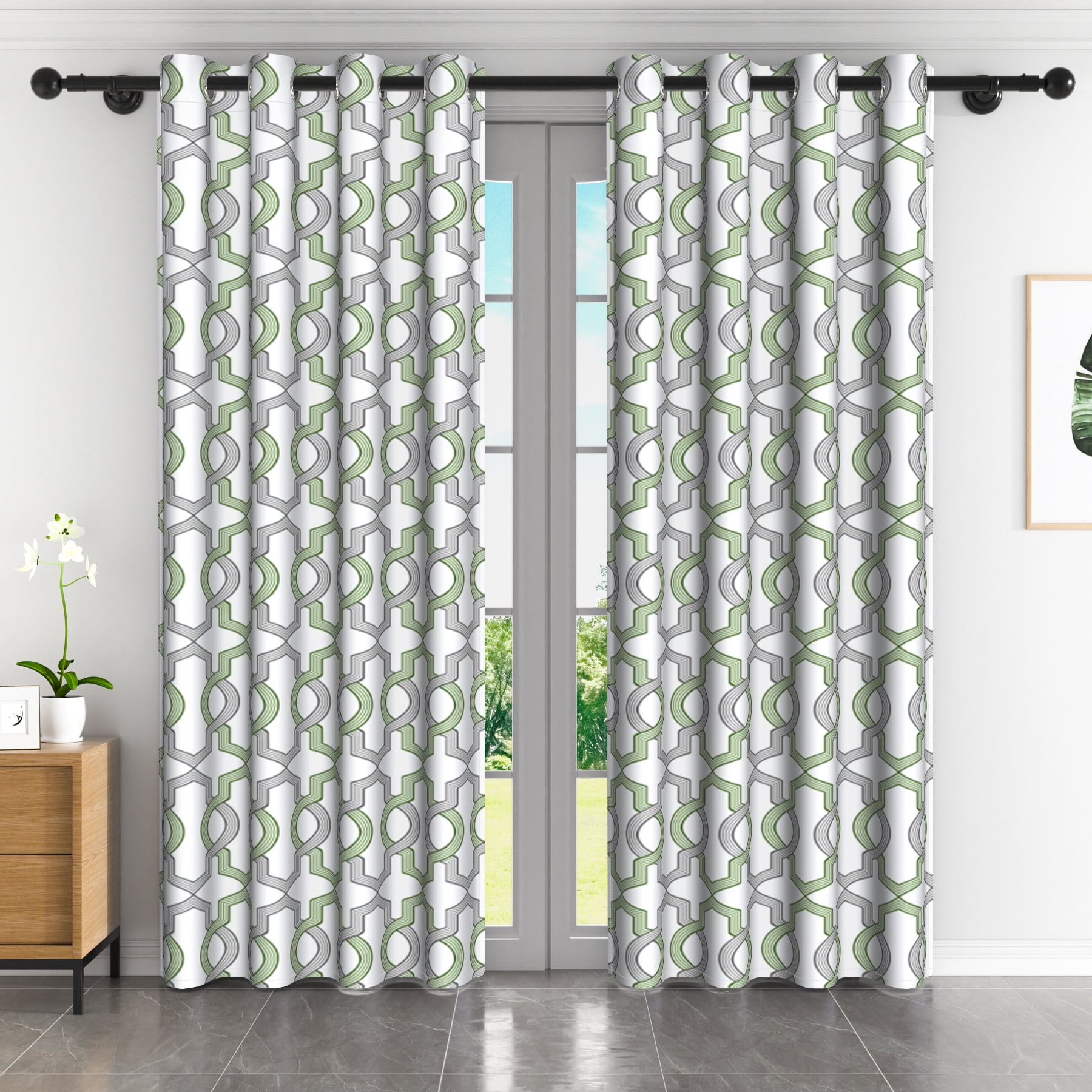 Lfeey Blackout Curtains for Bedroom, Plaid Green Gray Geometric Pattern Curtains with Top Grommets, 42"x84", 2 Panels