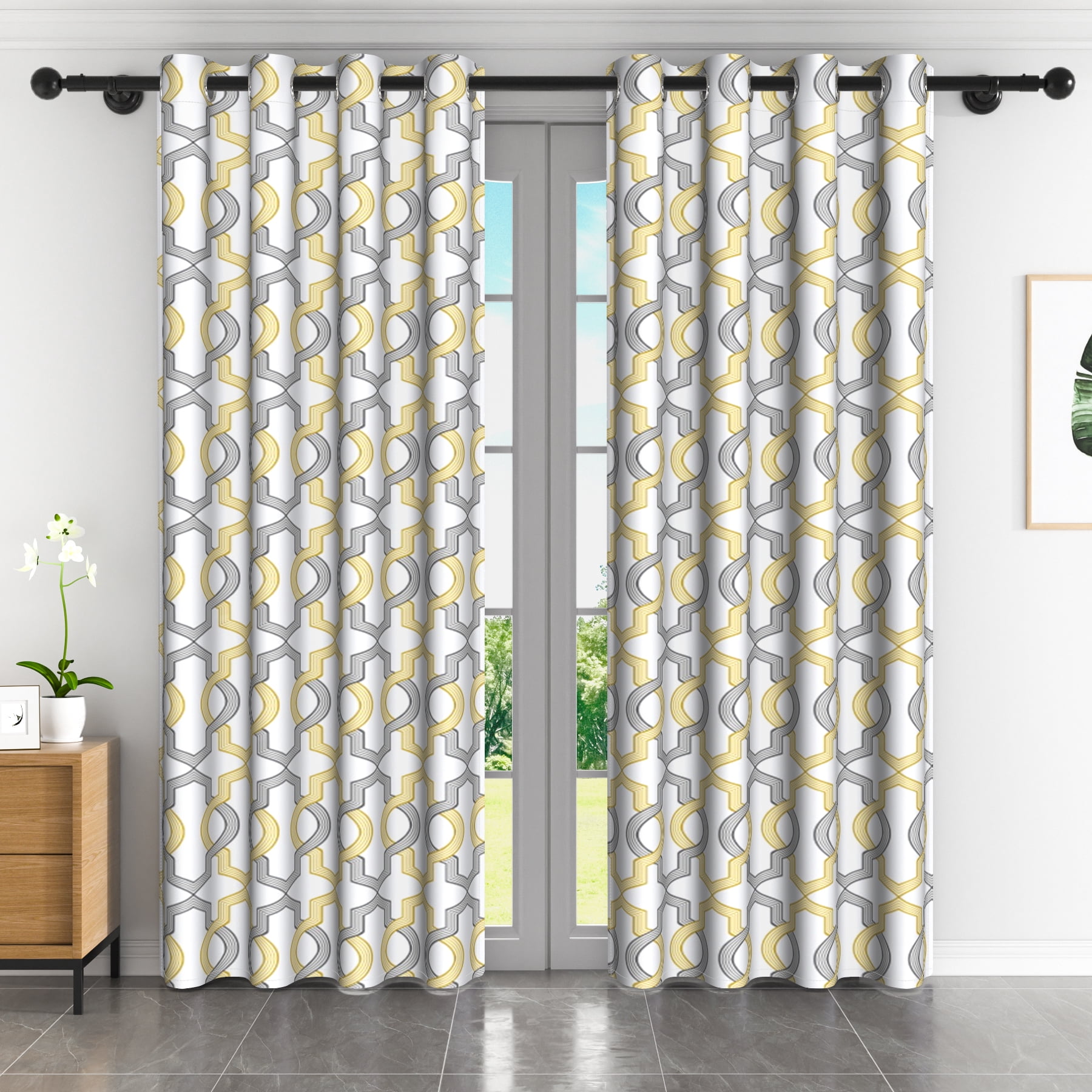 Lfeey Blackout Curtains for Bedroom, Plaid Yellow Gray Geometric Pattern Curtains with Top Grommets, 52"x84", 2 Panels