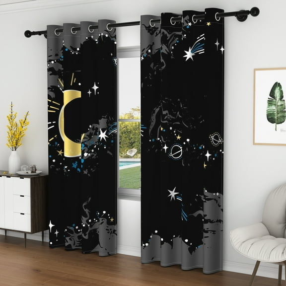 Lfeey Blackout Curtains for Bedroom, Room Darkening, Moon, 42x63 inches, Black, Set of 2