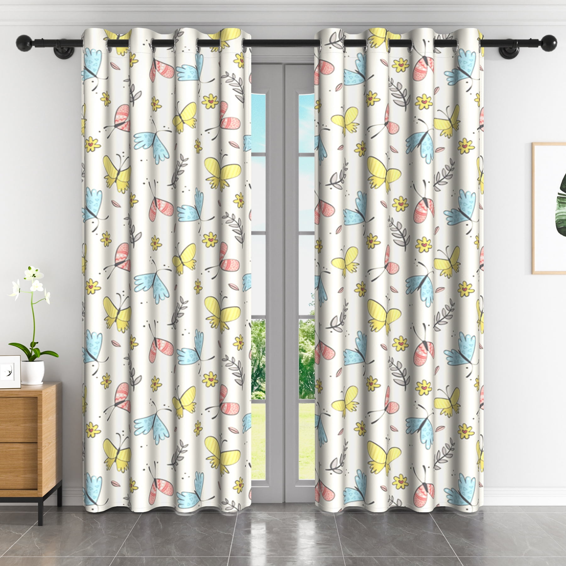 Lfeey Blackout Curtains for Girl Bedroom, Cute and Funny Butterfly Print, Metal Grommets, 52x63 Inches, 2 Piece Set