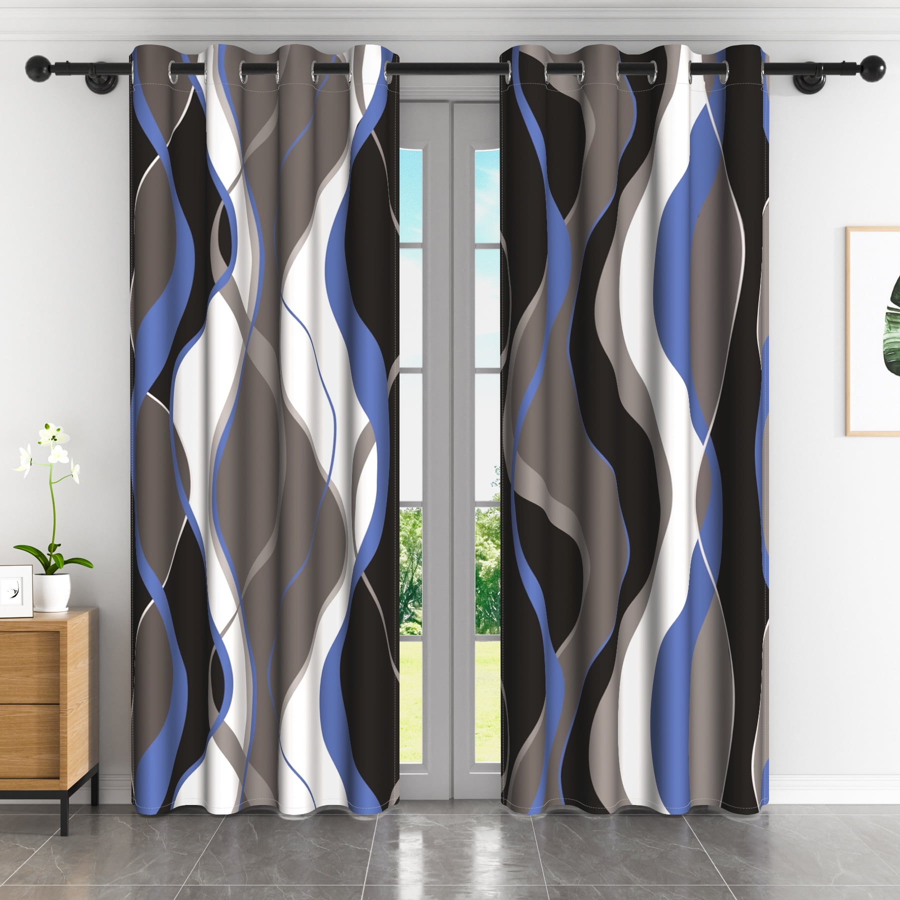 Lfeey Blackout Drapes 63 inch Long, Thermal Insulated Room Darkening Curtains, Blue Fluid Pattern, 2 Panels set