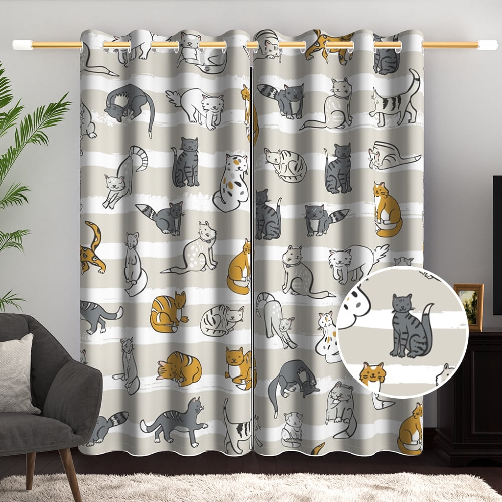 Lfeey Cartoon Cat Print Blackout Curtains, Room Darkening for Kids Bedroom, 42x84 in, 2 Panels
