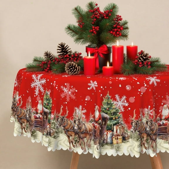 Lfeey Christmas New Year Tablecloth, Merry Christmas Party Dining Table Cover, Red, 60" Round