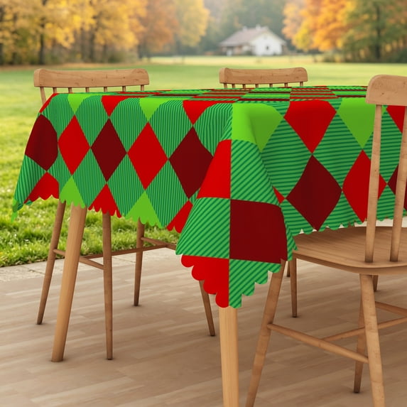 Lfeey Christmas Rectangle Tablecloth 36x55 Inch, Red Green Argyle, Waterproof