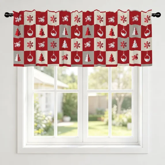 Lfeey Christmas Valance Curtains for Living Room Kitchen Window, Red Buffalo Check Rod Pocket Short Curtains, 42x12 inch
