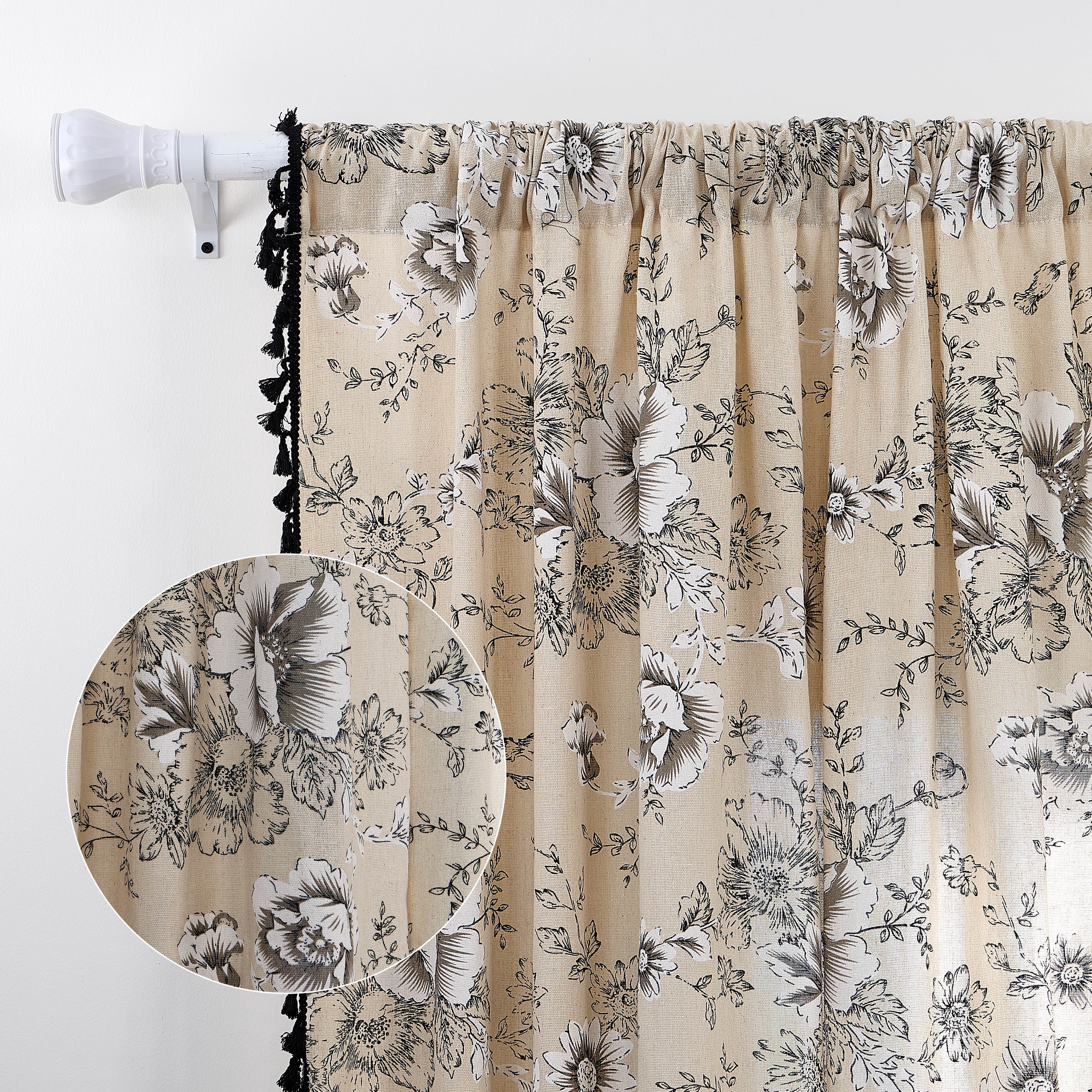 Lfeey Curtains for Living Room 63 Inch Length Black Floral Printed Curtain Rod Pocket, Linen Blend, 2 Panels
