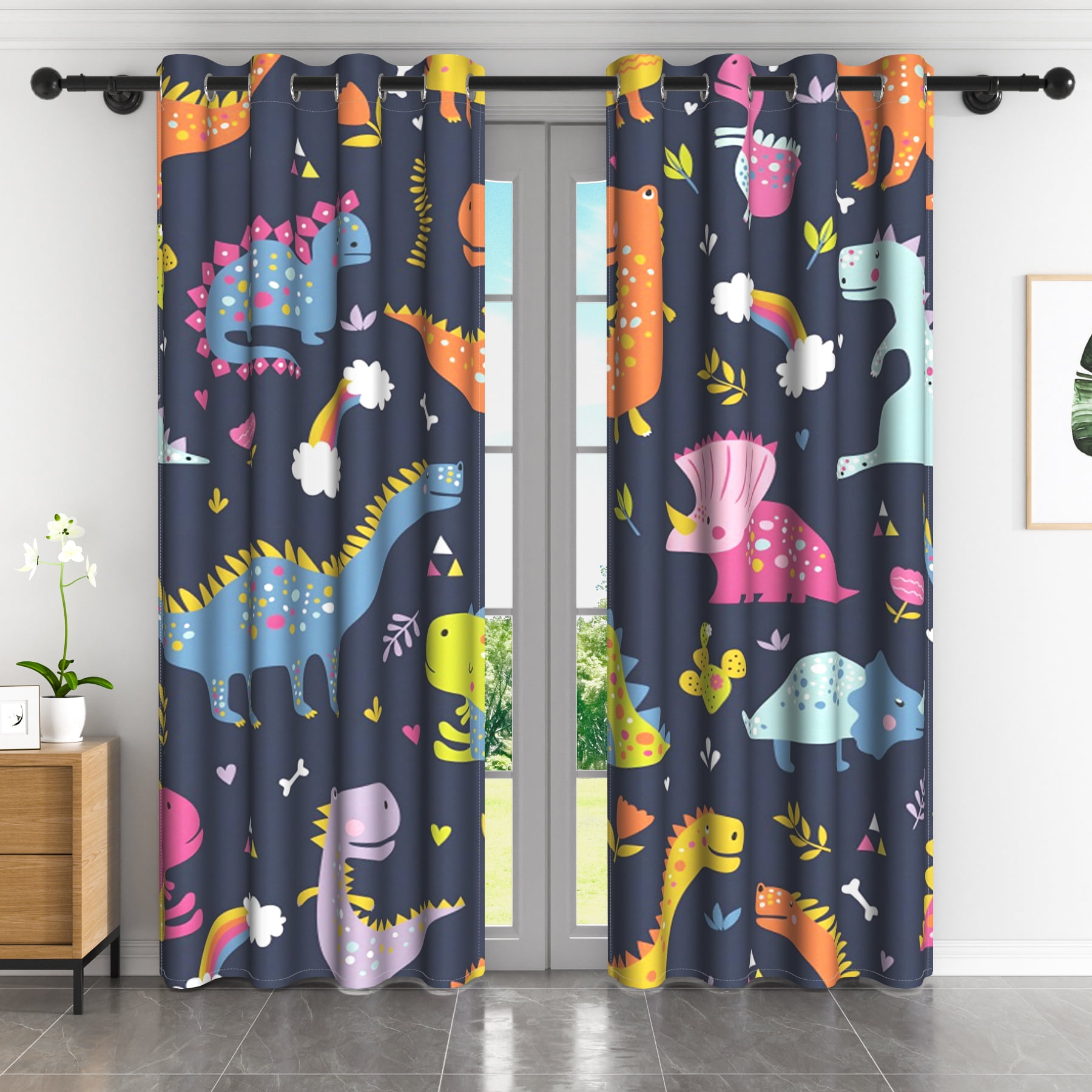 Lfeey Cute Dinosaur Cartoon Kids Room Blackout Curtains, Room Darkening Grommet Curtains, Black, 42x63 in, 2 Panels