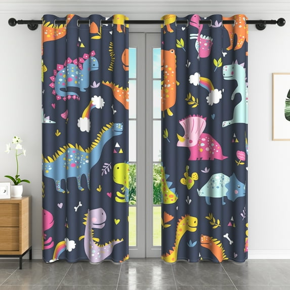 Lfeey Cute Dinosaur Cartoon Kids Room Blackout Curtains, Room Darkening Grommet Curtains, Black, 52x84 in, 2 Panels