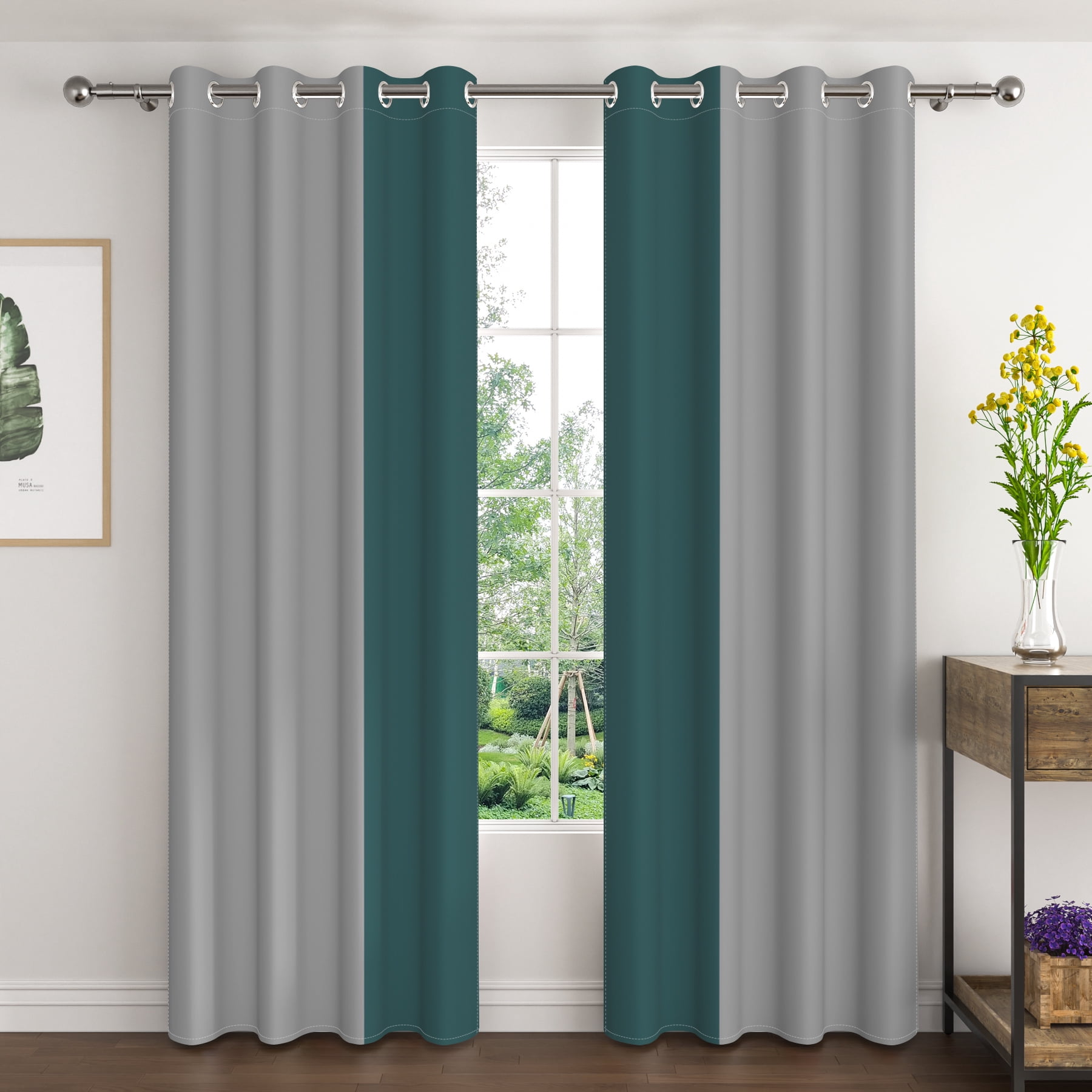 Lfeey Dark Green and Gray Blackout Curtains 63 Inches Long, Room Darkening Grommet Curtains, 2 Panels