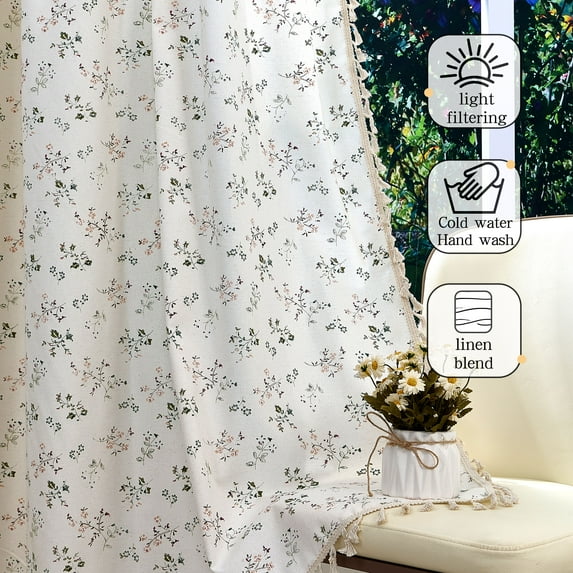 Lfeey Floral Linen Light Filtering Semi Sheer Linen Blend Curtains for Rooms, Rod Pocket, 52"x63", 2 Panels