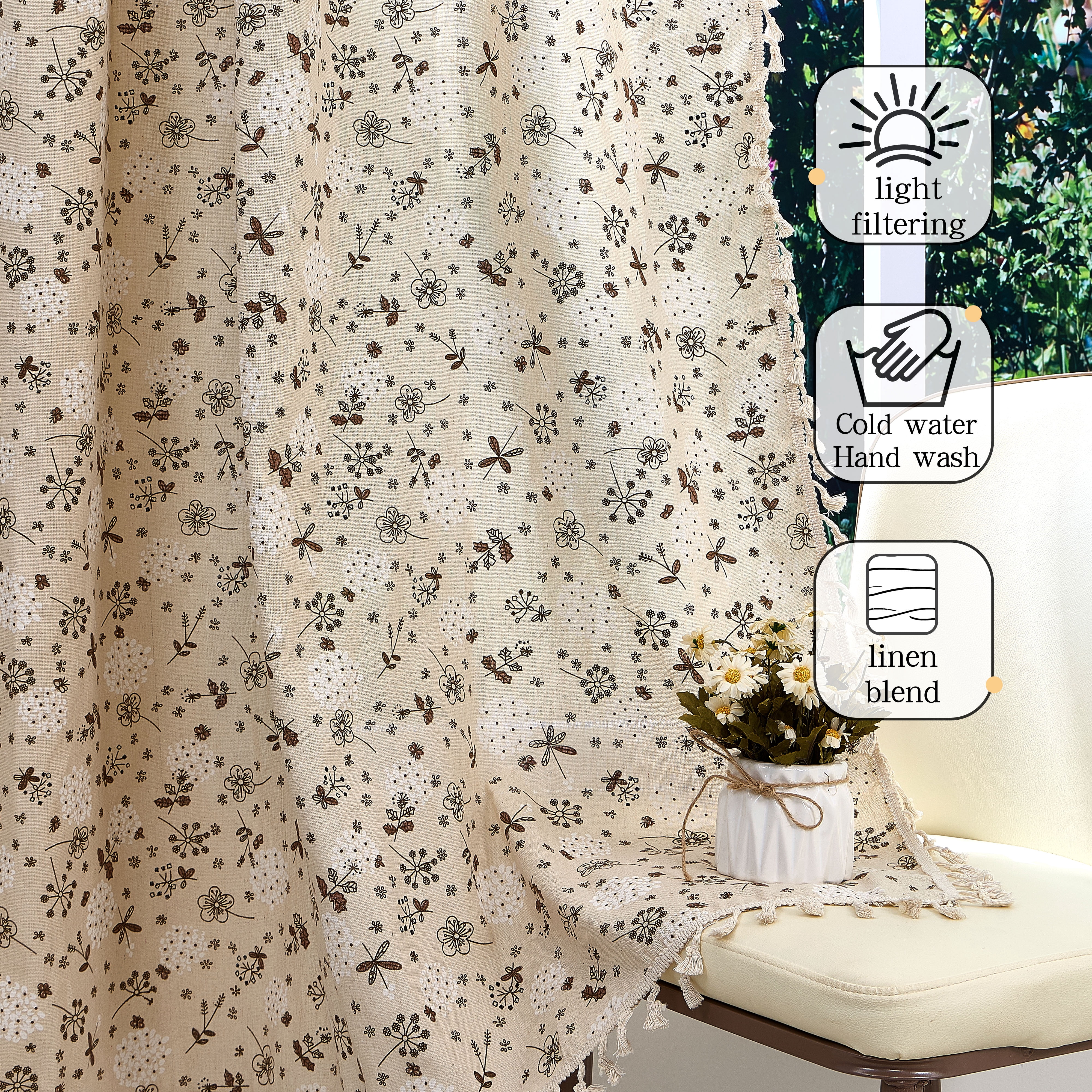 Lfeey Floral Print Linen Blend Curtains, with Tassels Semi-Transparent Rod Pocket Design for Room, 42x63 inch, 2 Panels
