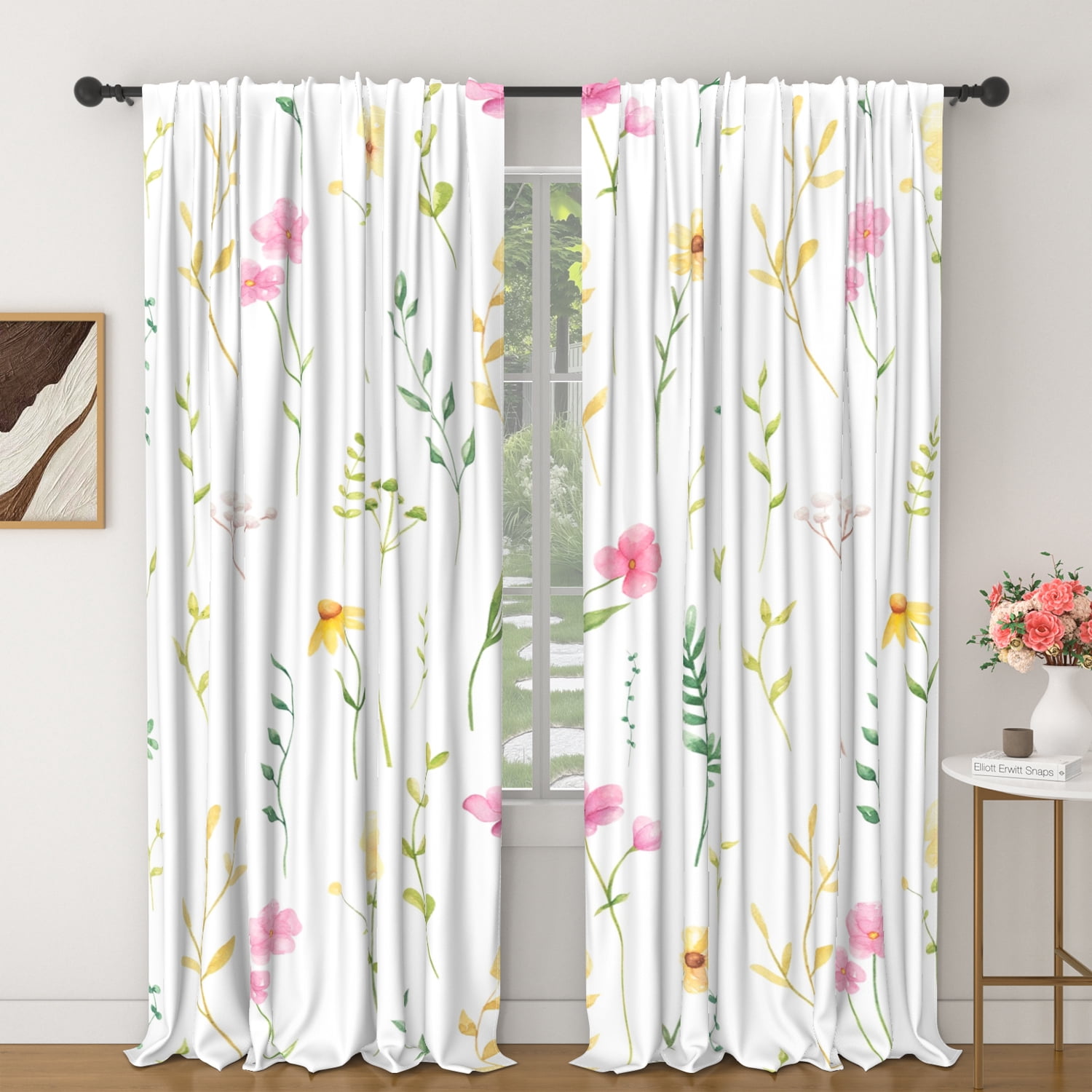 Lfeey Floral White Blackout Curtains, Blackout Washable Thermal, Rod Pocket Design, Bedroom Living Room Curtains, 52x96 Inches, 2 Panels