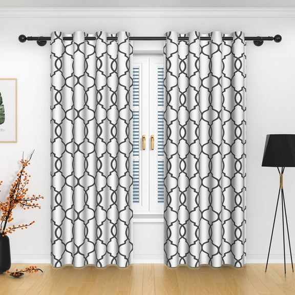 Lfeey Geometric Grid Pattern Light Filtering Grommet Blackout Curtains, Black, 52x63 Inches, 2 Panels