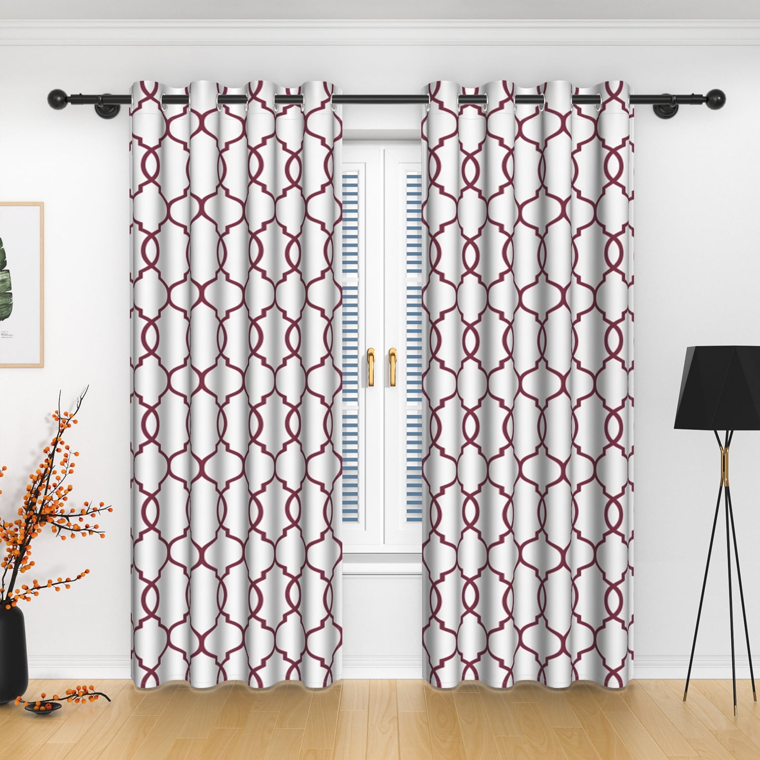 Lfeey Geometric Grid Pattern Light Filtering Grommet Blackout Curtains, Burgundy, 52x96 Inches, 2 Panels