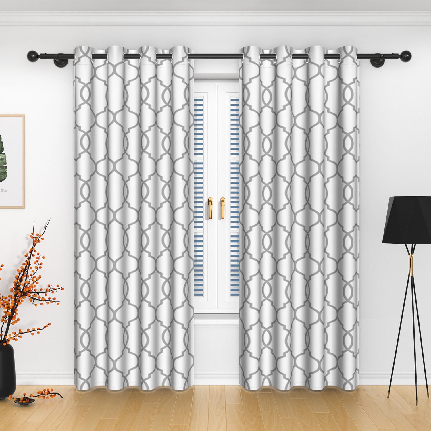 Lfeey Geometric Grid Pattern Light Filtering Grommet Blackout Curtains, Gray, 52x84 Inches, 2 Panels